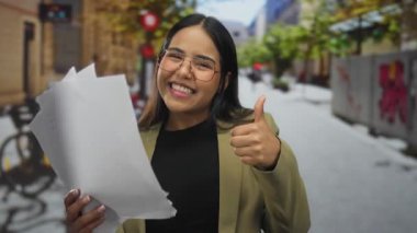 Latin kadın açık havada elinde kağıtlarla gülümsüyor canlı bir şehir sokağında, olumlu ve başarıyı neşeli ve kendinden emin bir tavırla gösteriyor..