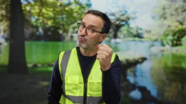 Güvenlik yeleği giymiş İspanyol bir adam yeşil ağaçlarla dolu bir parkta yumruğunu gösteriyor ve arka planda açık alanda kararlılığını vurguluyor..