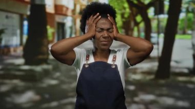 Şehir caddesinde arka planda ağaçlar olan önlük giymiş bir kadın, yüz ifadeleri ve parlak güneş ışığı altındaki el hareketleriyle stresi ifade ediyor..