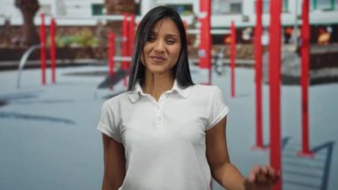 Genç İspanyol kadın, açık hava spor merkezinde kendine güvenerek gülümsüyor. Etrafında canlı kırmızı spor aletleri var..