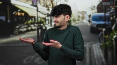 Kentsel caddelerde omuz silken bir adam, şehir ortamında gündelik tarz ve eğlence ifadesiyle ayakta dururken kargaşa ya da belirsizlik taşır.