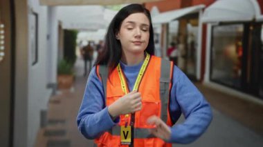 Mavi kazaklı ve turuncu yelekli bir kadın. Gönüllü etiketli. Kol caddesini geçiyor.