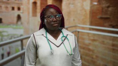 Gözlüklü bir kadın, steteskopla Roma harabelerini araştırıyor, şehir dışında tarih ve merak uyandırıyor..