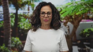 Beyaz tişörtlü İspanyol orta yaşlı kadın, yeşil parkta palmiye ağaçlarının altında çıplak kollarını kavuşturuyor; reddediliyor..