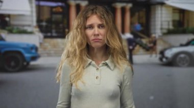 Meşgul caddede el sallarken bir kadın elini kaldırıyor. Yoldan geçen sarışın genç endişeli bir görünüm takınıyor. Şehir arka planının ortasında bağırıyor..