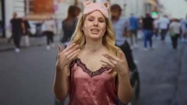 Şehir caddesinde gece elbisesi ve pembe uyku maskesi takan bir kadın. Etrafı bulanık yayalarla çevrili. Açık hava ortamında günlük kıyafetlerin eşsiz bir karışımını tasvir ediyorlar..