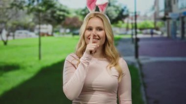 Tavşan kulaklı kadın yeşil bir parkta sessizlik için işaret eder, genç ve sarışın, ağaçların ve güneş ışığının arasında komik bir ifadeyle..