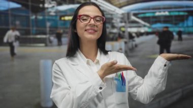 Üniformalı genç İspanyol bilim adamı kadın gülümsüyor ve hareketli bir açık hava havalimanı ortamında davetkar bir şekilde el kol hareketi yapıyor..