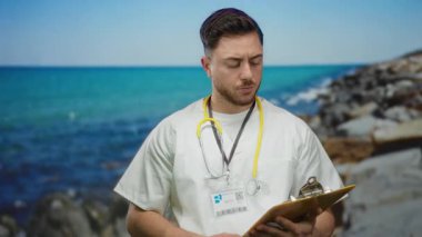 Deniz kenarındaki panoya bakan sakallı genç doktor. Arka planda okyanus var. Açık havada steteskop takıyor.