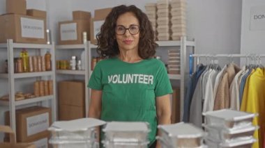 Orta yaşlı, İspanyol üniformalı bir kadın hayır kurumunda bağış kutularıyla baş parmak işareti yapıyor..