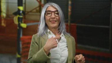 İnşaat alanında gülümseyen, gözlüklü, resmi kıyafetli, kıdemli, kır saçlı kadın şehir ortamında profesyonel bir ilişki ve mutluluğu öneriyor..