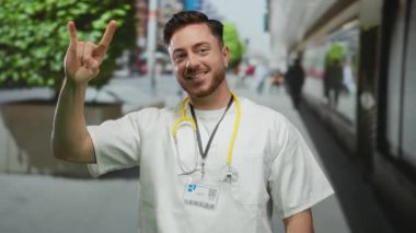 Steteskoplu genç doktor, şehir sokaklarında neşeli ve modern bir şehir ortamının sağlık hizmetlerine erişebilirliğini ve yaşam tarzını geliştirdiğini gösteren bir jest yapıyor..