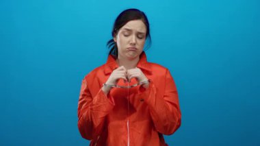 Turuncu elbiseli, esmer saçlı ve kelepçeli bir kadın, mavi bir arkaplanda, ciddi bir ifade sergiliyor, adalet ve hapsetme temalarını canlı bir şekilde yakalıyor..