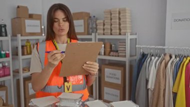 Yansıtıcı yelek giyen gönüllü bir kadın bağış merkezindeki panoya not alıyor. Kutular ve malzemelerle çevrili, bağış dağıtımı için yiyecek paketleri hazırlıyor..