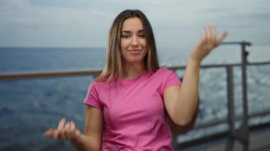 Genç bir kadın deniz manzaralı bir gezide ezik bir jest yapıyor, pembe bir gömlek giyiyor, kendine güven ve mizah yayıyor, su ve açık hava manzarası ile çevrili..