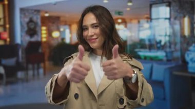 Oteldeki genç bir kadın, kapalı arka planda bulanık, rahat bir atmosfer gösteren bej bir palto giyerken başparmağını kaldırıyor..