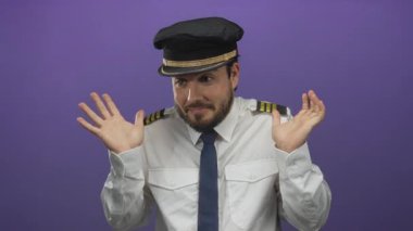 Pilot üniforması ve şapkası içinde sakallı genç İspanyol bir adam. Mor bir arka plana masum bir şekilde el sallıyor. Esprili ya da neşeli bir ruh hali içinde..