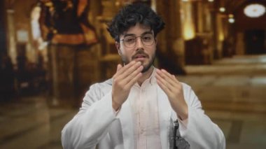 Kilisede sakallı ve gözlüklü genç bir adam öpüşüyor, beyaz bir ceket giyiyor, ev kemerleriyle çevrili ve sakin ve düşünceli bir atmosfer için sıcak bir ışık..