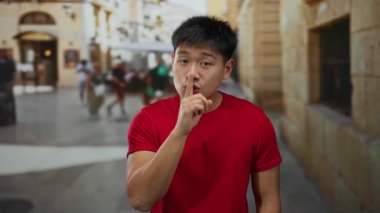 Genç adam hareketli bir şehir caddesinde sessizlik için işaret ediyor, bulanık yayalarla çevrili, kırmızı bir gömlek giyiyor ve şehir ortamının ortasında sakinliğini ifade ediyor..