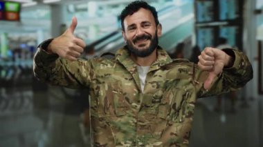 Askeri üniformalı İspanyol bir adam havaalanı terminalinde bir aşağı bir yukarı hareket ediyor. Seyahat hakkında karışık duygular içeriyor..