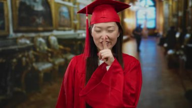 Müzenin içindeki kırmızı mezuniyet cüppeli kadın, zarif bir sanat galerisinde sessizlik ve eğitimi simgeleyen dudaklara işaret ediyor..