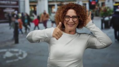 Şehir sokaklarındaki orta yaşlı esmer kadın, arka plandaki insanlarla baş parmak işareti yapıyor..