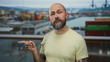 Liman bölgesindeki deniz kenarı manzarasına bakan adam, liman bölgesinde gündüz saatlerinde arka planda nakliye konteynırları ve vinçlerle....