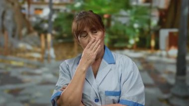 İspanyol üniformalı son sınıf öğrencisi bir kadın şehir merkezinde sokak temizliği yaparken kafa yoruyor..