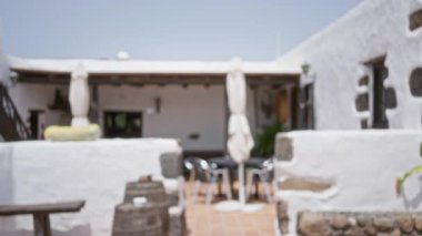 Geleneksel lanzarot mimarisinin arka planında beyazlatılmış duvarlar, ahşap fıçılar ve İspanya 'nın kanarya adalarında gölgeli koltuklar yer alıyor.