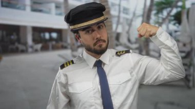 Güneşli bir günde, üniformalı ve şapkalı genç bir İspanyol rahat bir ortamda kendinden emin bir şekilde güç gösterisi yapıyor..