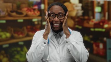 Süpermarkette steteskopla gülümseyen bir doktor. Etrafı meyvelerle çevrili.