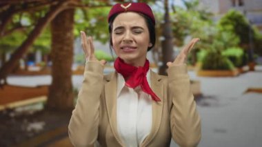 Hostes üniformalı İspanyol kadın, canlı ağaçlar ve yeşilliklerle çevrili güneşli bir parkta hayal kırıklığını gösteriyor. Açık hava arkaplanına karşı duyguları somutlaştırıyor..