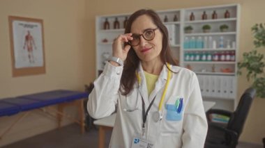 Genç İspanyol kadın doktor klinik muayene odasında gözlük çıkartıyor; güven profesyonelliği.