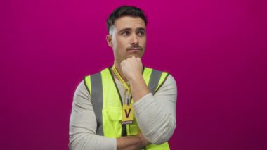 Yansıtıcı yelek giyen genç İspanyol adam, gönüllü rozeti ile izole edilmiş, pembe bir arka plana karşı düşünceli bir şekilde duruyor..