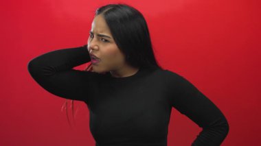 Kadın dikkatle dinliyor canlı kırmızı duvara karşı siyah elbise giymiş, dikkat çekmek ve odaklanmak için ilginç bir ifade sergiliyor.