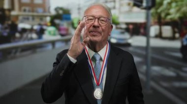 Takım elbise ve madalya takmış kıdemli bir adam arka planda bulanık şehir sokağıyla birlikte güvenle gülümsüyor. İş ortamında başarı ve başarıyı simgeliyor..