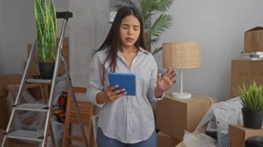 Yeni bir oturma odasında kutuları açan genç bir kadın, bitkiler, karton, merdiven ve modern bir dairede bir tablet tutuyor..