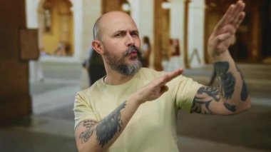 Bald tattooed caucasian man gesturing playfully outdoors on an urban street with blurred background in a casual setting.