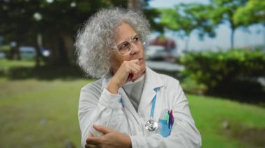 Gri saçlı, doktor önlüğü ve steteskop giyen yaşlı bir kadın yeşil bir park ortamında düşünceli bir şekilde duruyor. Açık hava ortamında bilgeliği ve deneyimi somutlaştırıyor..