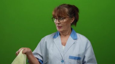 Üniforma giyen İspanyol temizlikçi kadın canlı yeşil bir arka plana karşı bir bez tutuyor ve temizlik işine konsantre oluyor..