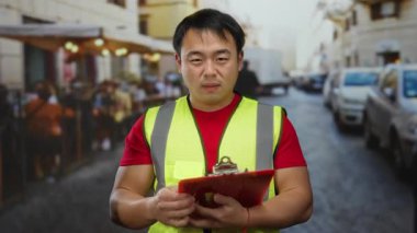 Kentin arka planında bulanık kafesi olan hareketli bir sokak terasında duran sarı yelekli, kendine güvenen bir adam.