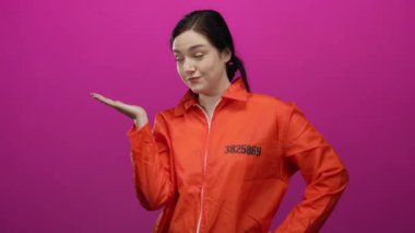 Turuncu tulumlu kadın canlı pembe arka planda el hareketleriyle poz veriyor..