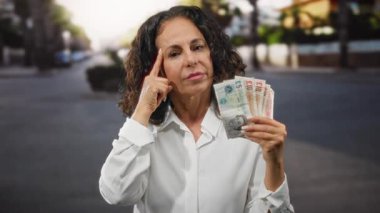 Şehir merkezinde elinde İngiliz banknotları olan bir kadın, şehir ortamındaki mali kararların önemini vurgulayarak para sorununu işaret ediyor..