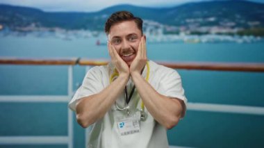 Sakallı ve steteskoplu genç bir adam, deniz kenarına bakan bir yolcu gemisinde neşeyle gülümsüyor, manzaralı bir arka planda neşeli bir ifade sergiliyor..