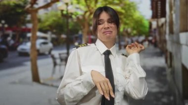 Şehir sokaklarında üniformalı genç İspanyol kadın pilot el hareketleriyle kötü kokuya tepki verir, şehir ortamını yakalar..