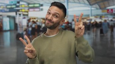 Havaalanı terminalinde gülümseyen genç adam hayat dolu bir geçmişe sahip barış işaretleri gösteriyor, seyahatin özünü yakalıyor ve hareketli bir atmosfer yakalıyor..