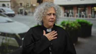 Beyaz saçlı, papaz kıyafetli bir kadın şehir sokağında ayakta duruyor. Duygularını ifade ediyor..