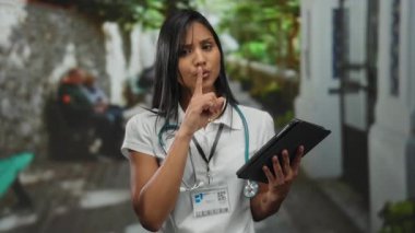 Steteskoplu ve tabletli genç İspanyol kadın doktor, sakin bir sokak ortamında duruyor, sağlık ortamında odak ve profesyonelliği aktarıyor..