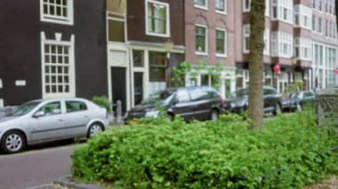 Park halindeki arabalar ve yeşilliklerle dolu bir Avrupa caddesinin bulanık görüntüsü, bulutlu bir günde dağılmış Hollanda mimarisi ve kentsel atmosferini vurguluyor.