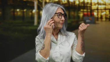 Gri saçlı ve gözlüklü bir kadın telefon pazarının dışında konuşurken başparmağıyla kenarı işaret ediyor, sıradan beyaz bir gömlek giyiyor ve kollarında dövmeler gösteriyor..